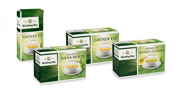 Zwei verschiedene Packungen Gruener Tee, Nana Minze und Mango-Zitrone